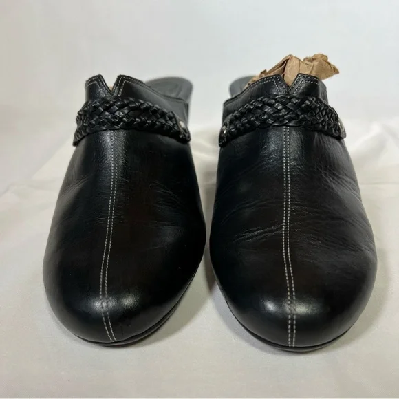 Cole Haan Black Leather Wedge Slip-On Clogs Mules Woven Strap Detail Size 9.5 - Picture 5 of 15